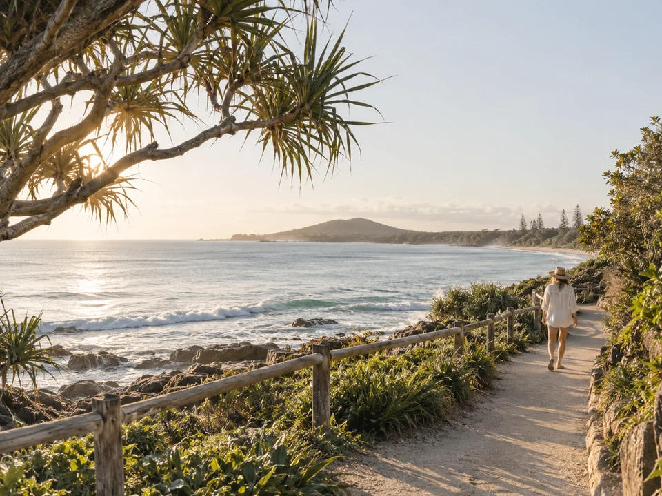 A walker in a sunhat on a coastal path with a timber railing, pandanus branches and the ocean beyond