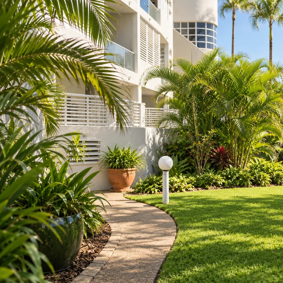 A curved garden path beside a lawn, palms and lush planting below a white apartment building
