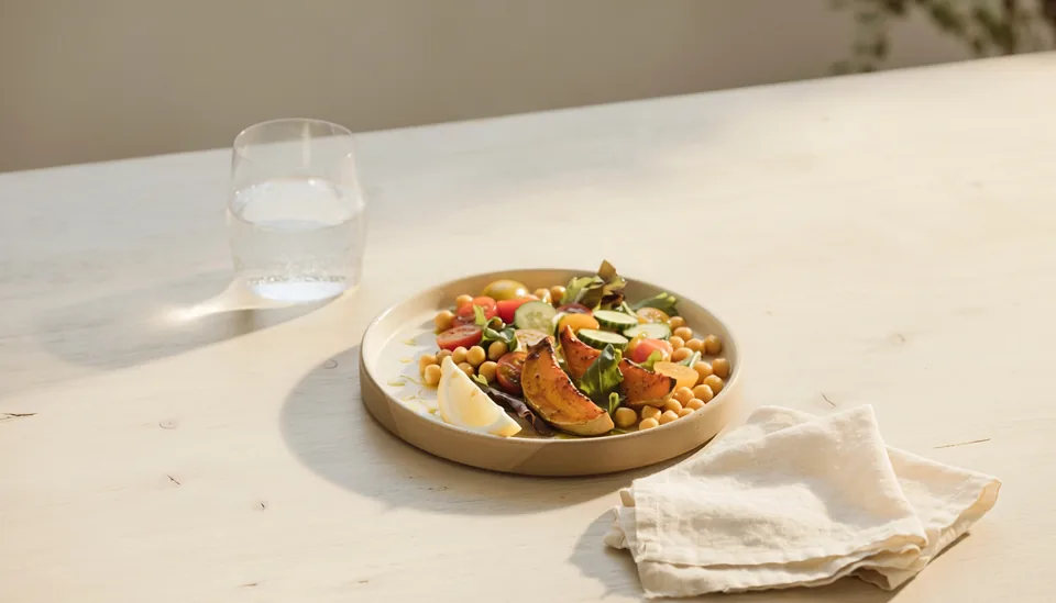 A plated meal of roasted vegetables and chickpeas
