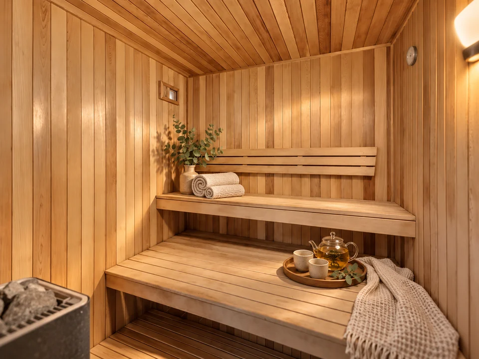 A warm timber sauna with bench seating, rolled towels and a tea tray