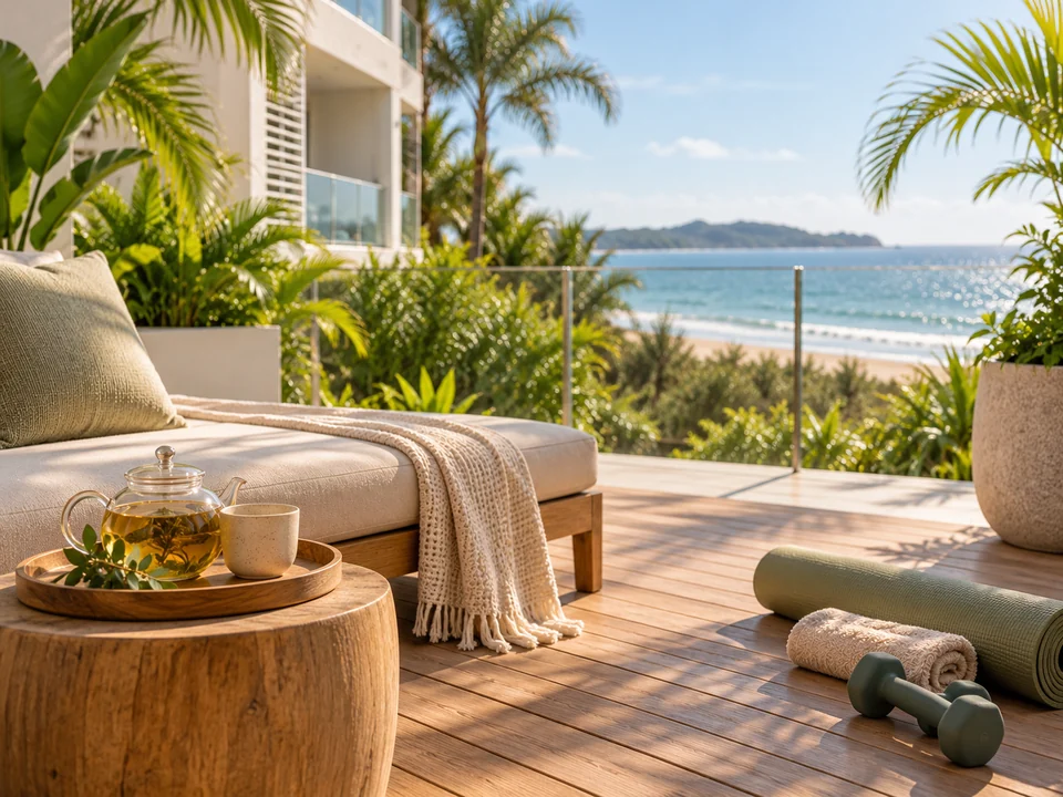 A daybed with a throw and a tea tray on a timber terrace among tropical plants, with a yoga mat, small weights and the ocean beyond