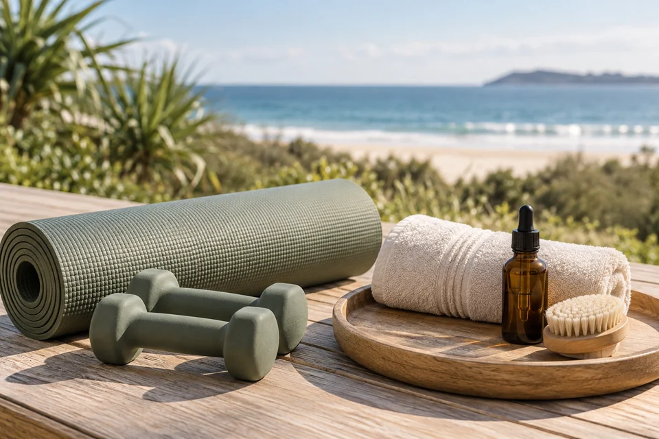 A yoga mat, hand weights, a rolled towel, a bottle of oil and a brush on a tray by the ocean